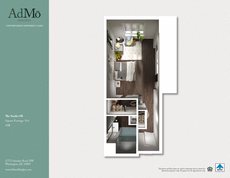 Floor plan for studio, 1 bath, 514 sqft